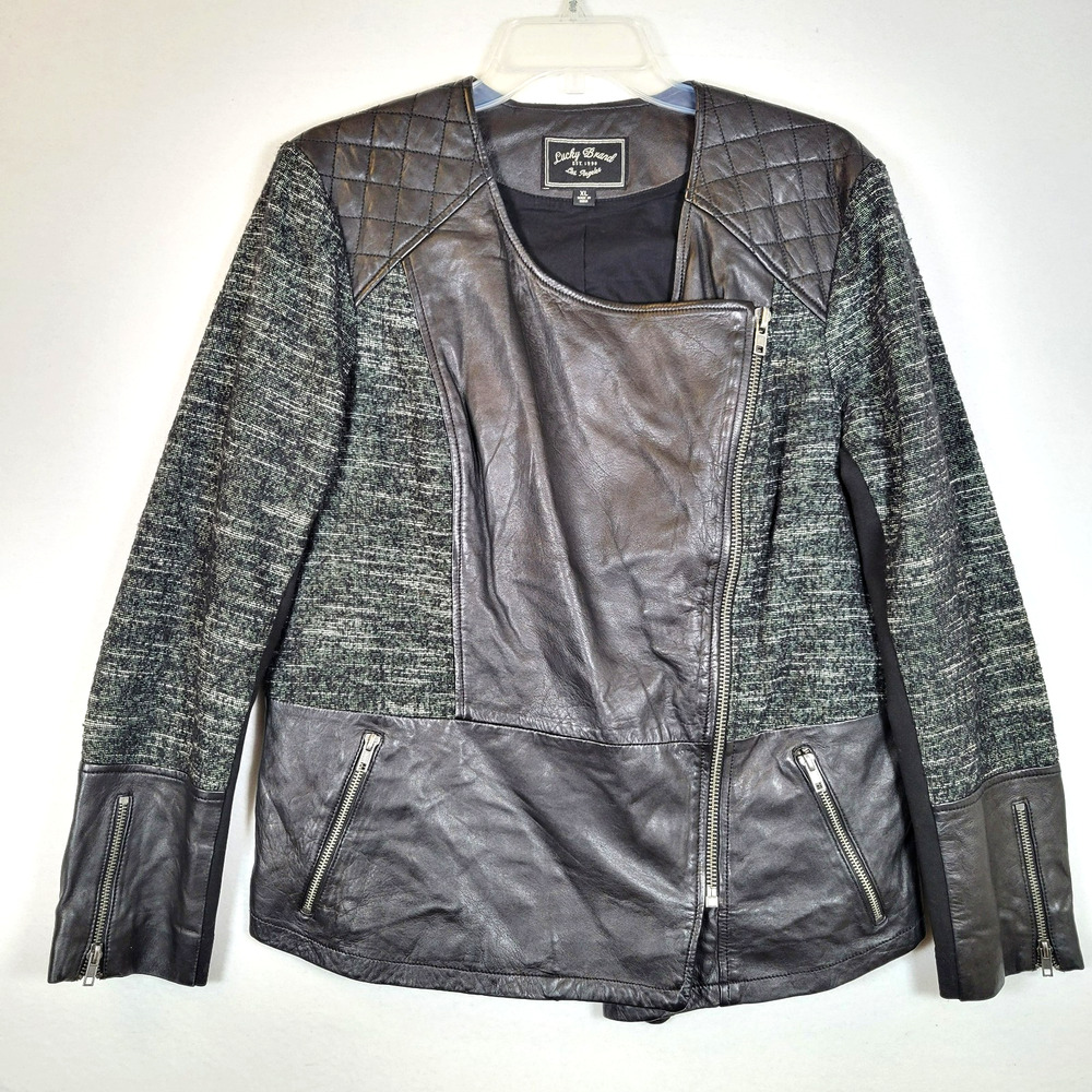 Lucky Brand Womens Moto Wool Lamb Leather Asymmetrical Jacket Size XL Black Y2K